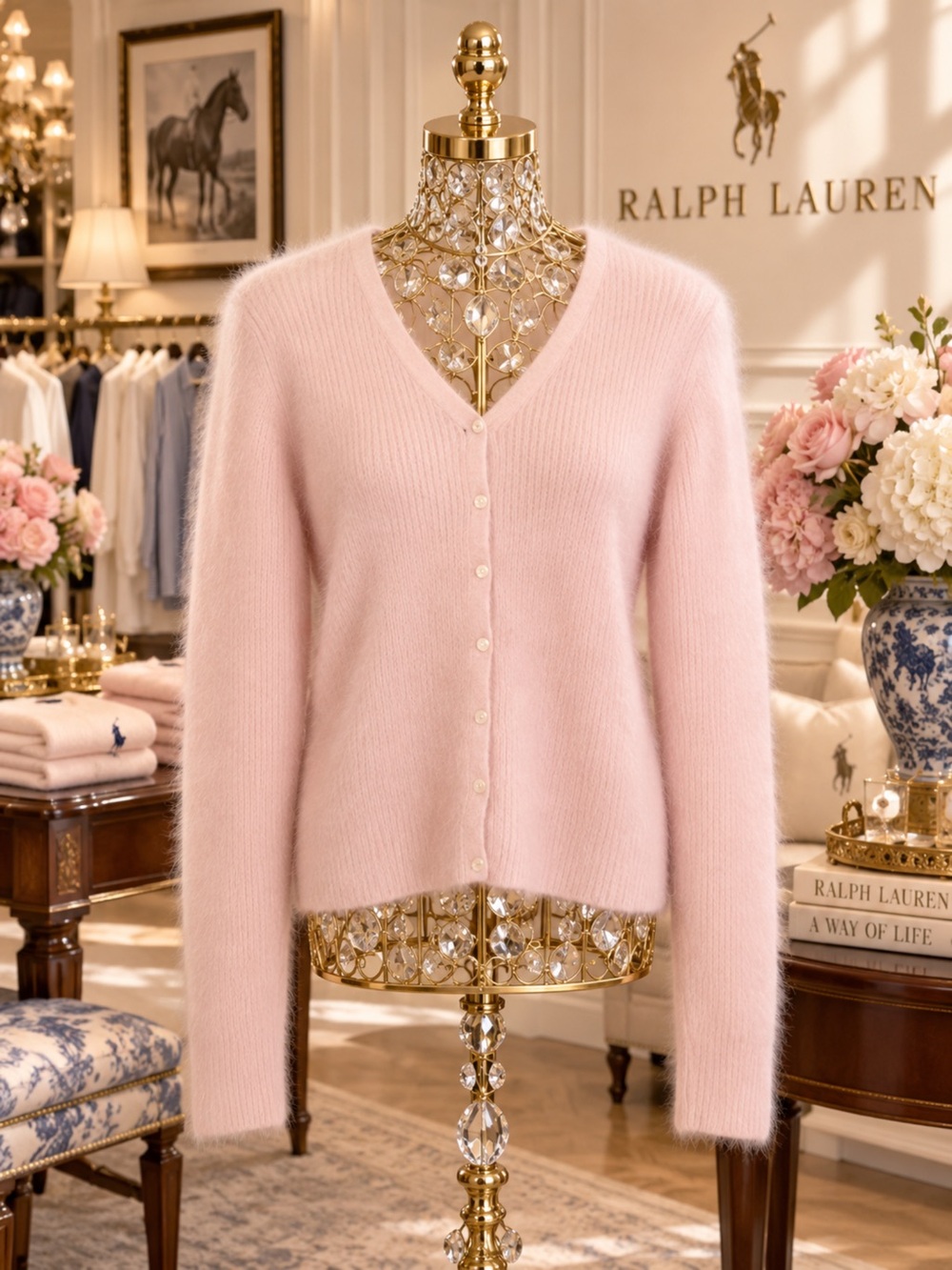 Vintage Ralph Lauren Pink Rabbit Fur V-Neck Sweater L